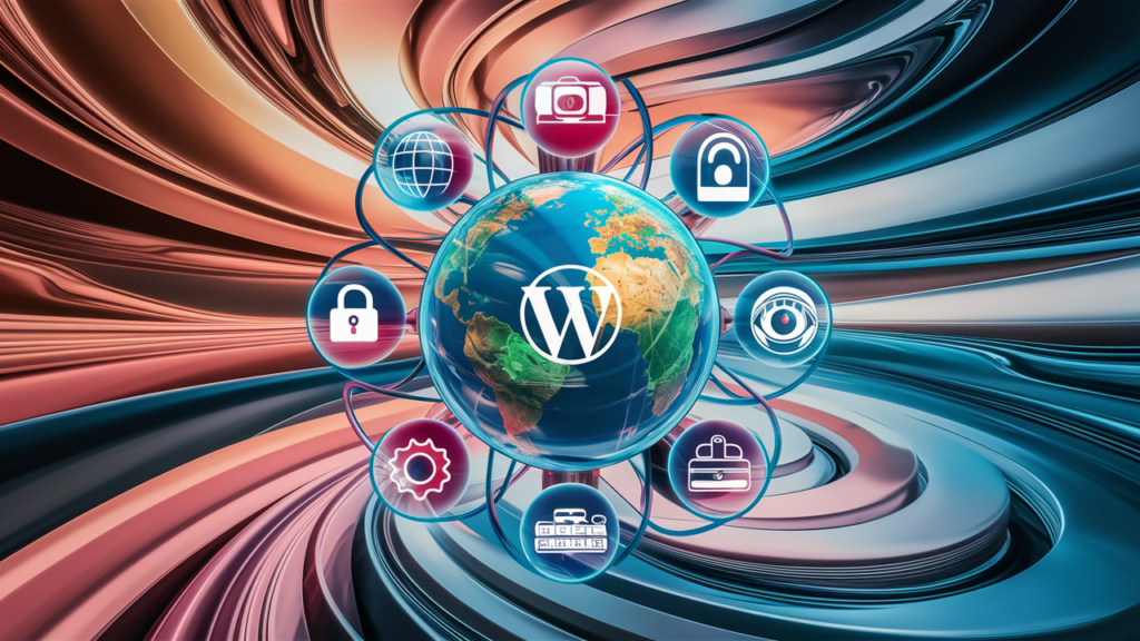 A sleek and modern design featuring a globe surrounded by icons representing various digital services like WordPress, security, video production, hosting, client auditing, and accessibility, set against an abstract background.