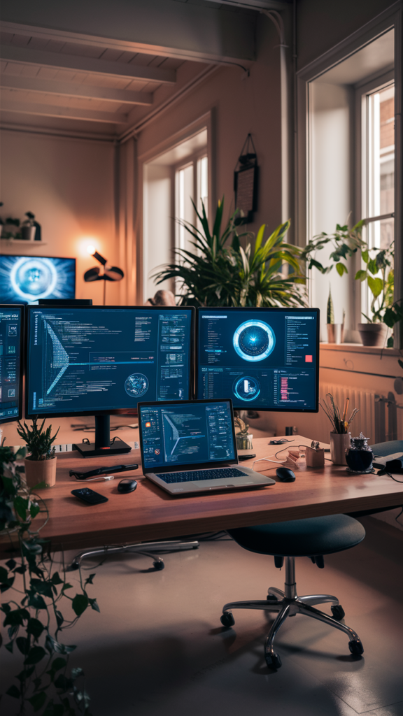 A bright, modern office environment focused on cybersecurity, featuring a sleek desk with multiple monitors displaying security dashboards with light-themed interfaces, and a person working intently on a laptop. The office is well-lit with natural light from large windows, plants, and minimalist decor, conveying a professional and inviting atmosphere