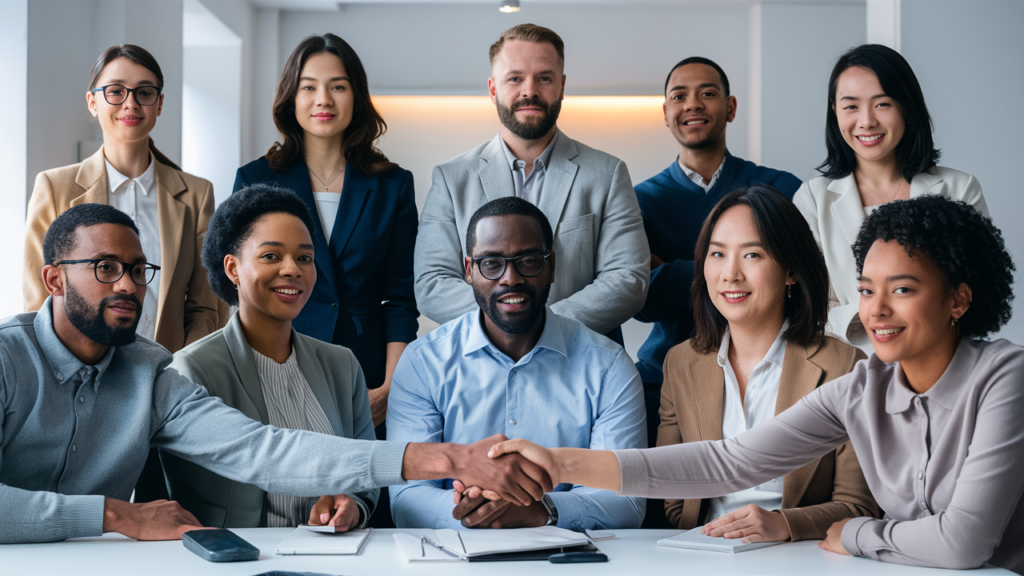 A diverse group of professionals in a modern office setting, shaking hands and smiling, symbolizing trust, reliability, and collaboration.