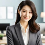 A professional-looking photo of a businesswoman named Sophia Lee in a modern office setting, smiling confidently at the camera.