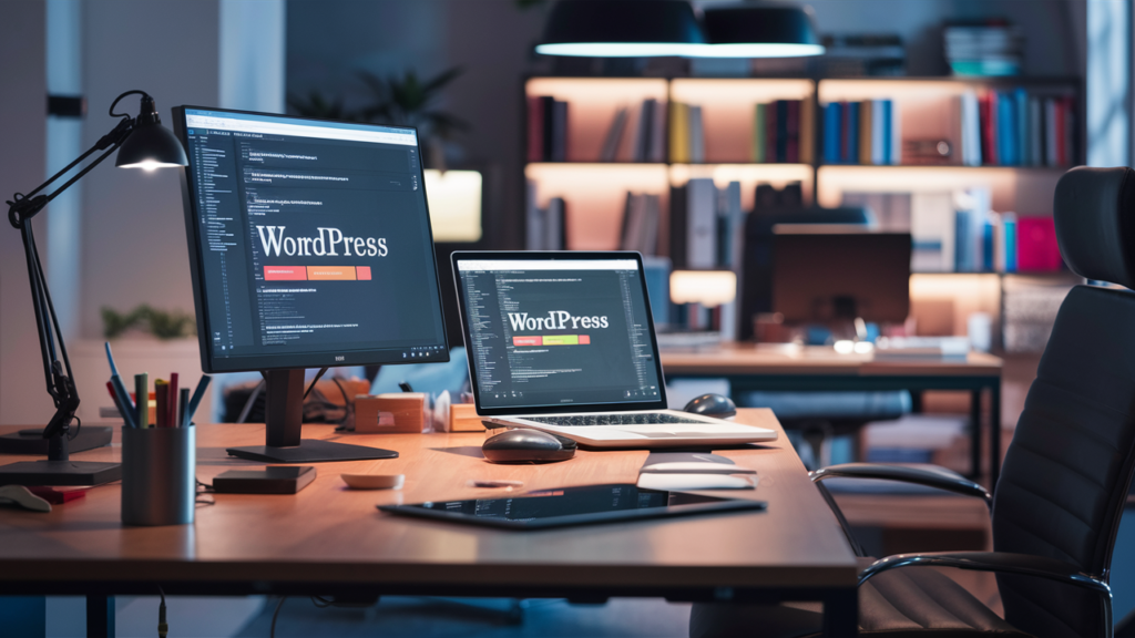 A professional, modern workspace dedicated to WordPress development, featuring a clean desk with a high-resolution monitor displaying the WordPress dashboard, a laptop, and a tablet, with minimalist decor in the background