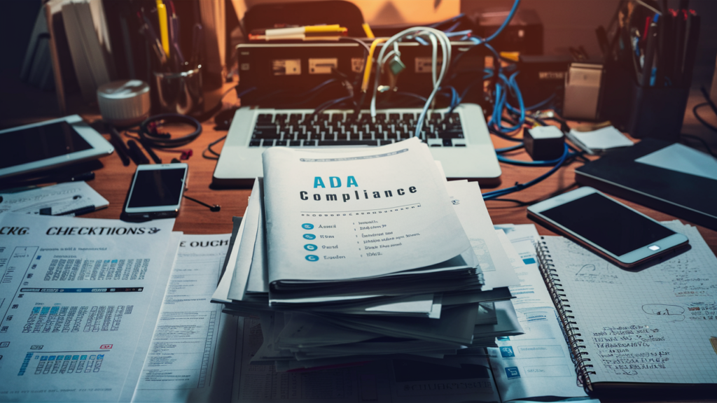 A desk with an ADA Compliance manual, laptop, and various papers and devices, representing tools for accessibility compliance.