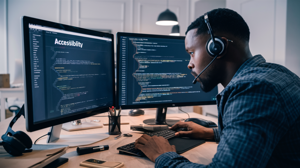 Developer working on a computer, implementing accessibility solutions, ensuring compliance.