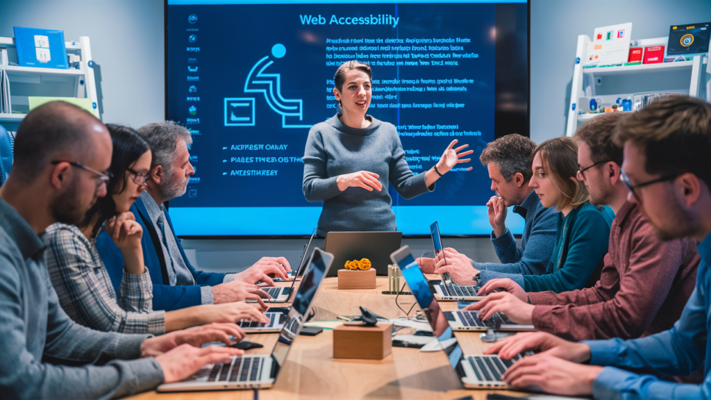 Professionals attending an accessibility training session led by a woman, with a large screen displaying web accessibility information in the background