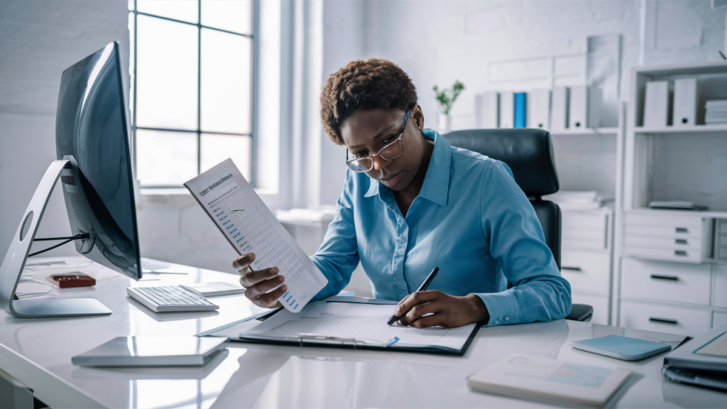 Professional conducting a comprehensive accessibility audit at a desk with documents and computer.