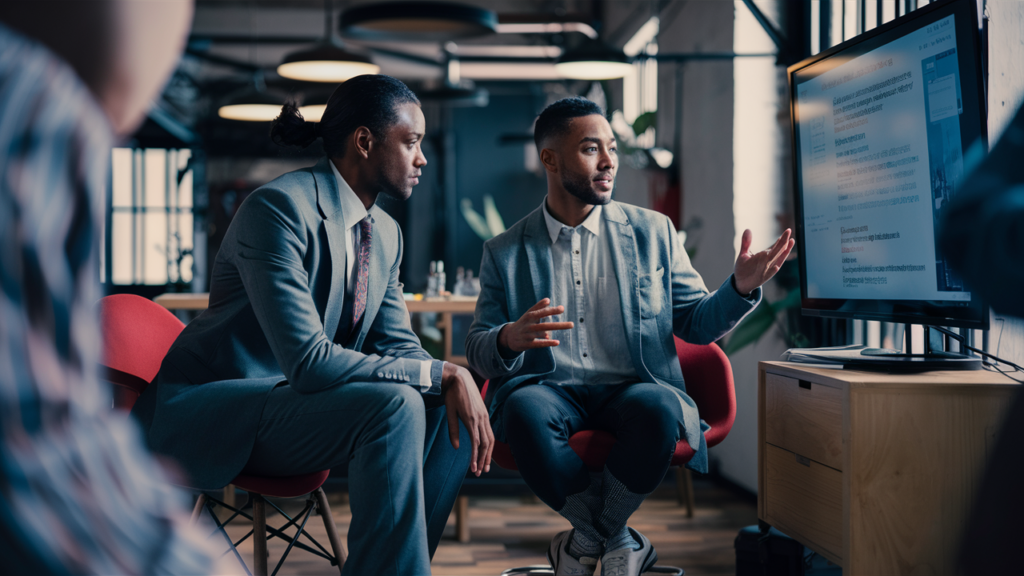 Professional discussing accessibility audits on a screen with a colleague in a modern office.