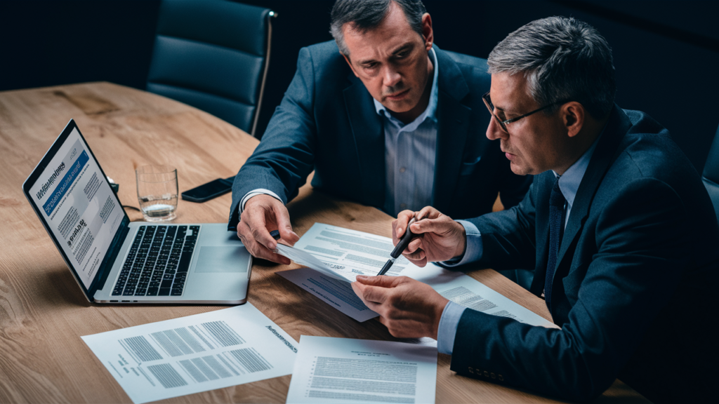 Two professionals reviewing legal compliance documents for website accessibility