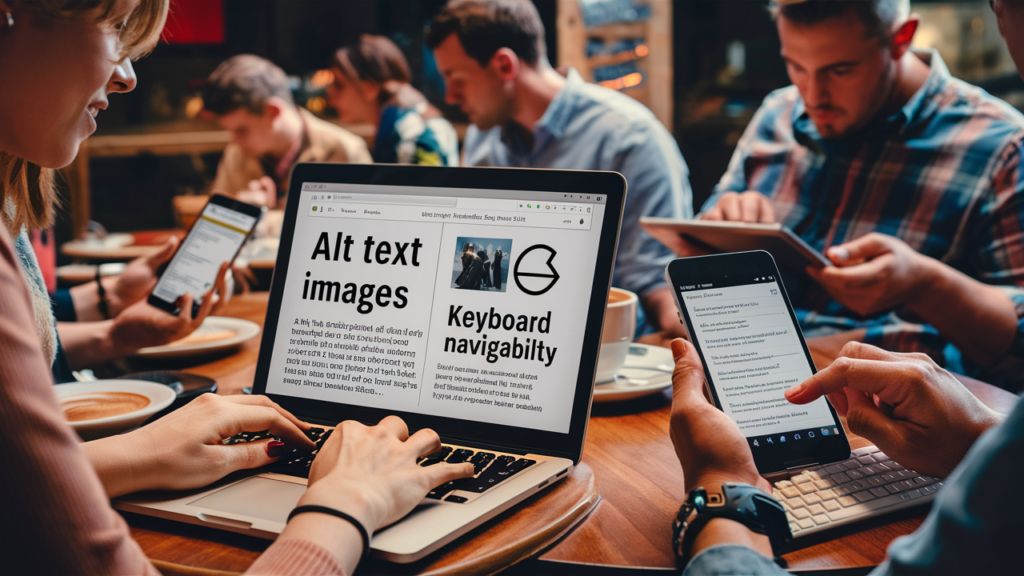 A group of people in a cafe using digital devices with high color contrast screens displaying the text "Alt text images" and "Keyboard navigability